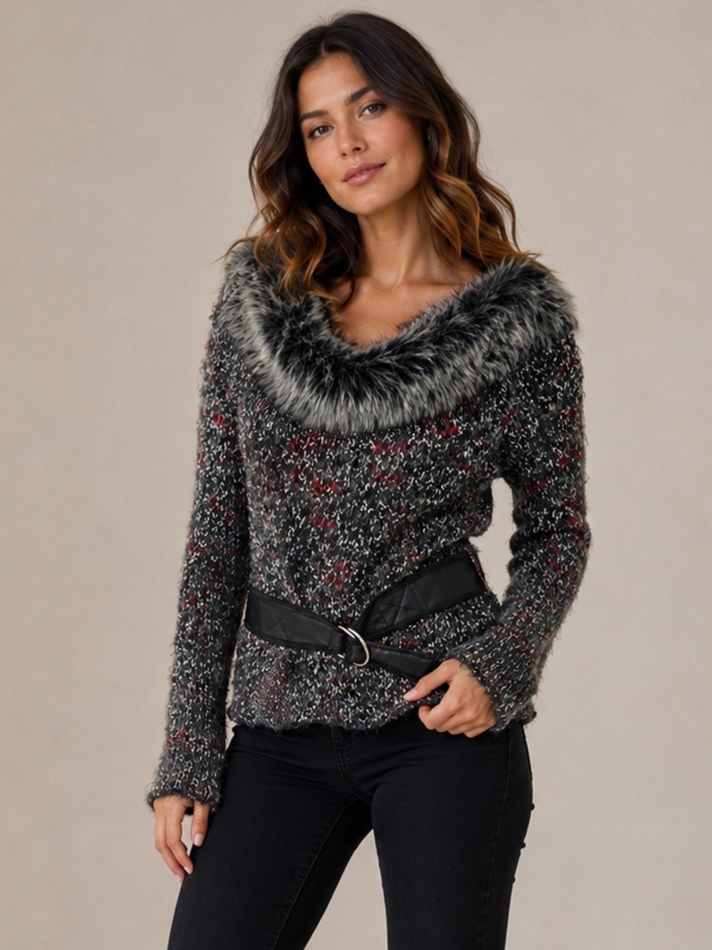 Sharagano Off-the-Shoulder Gray and Black Sweater with Plush Collar